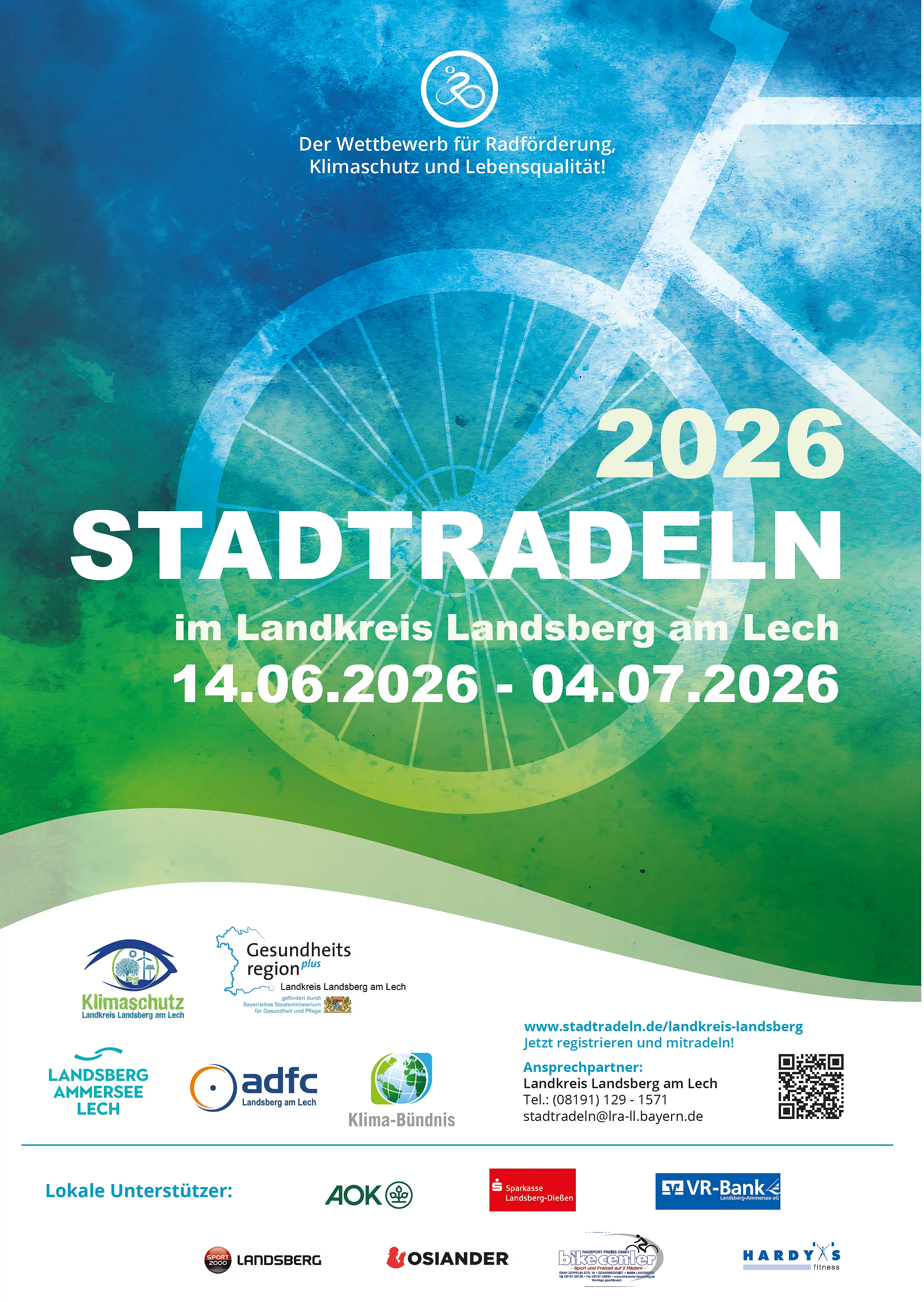 Plakat mit stilisiertem Fahrrad und Text zu Stadtradeln 2026 im Landkreis Landsberg am Lech vom 14.06.2026 bis 04.07.2026