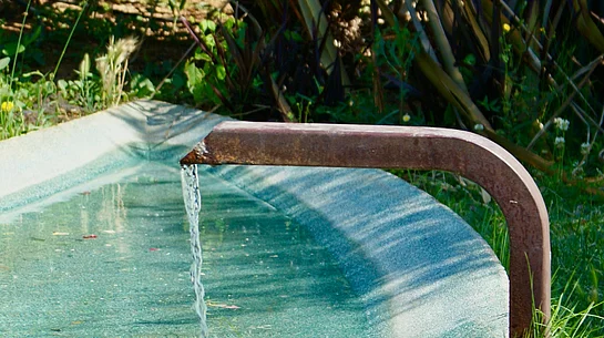 Wasser fließt aus einem Metallrohr in ein Wasserbecken im Garten mit Gras und Pflanzen im Hintergrund
