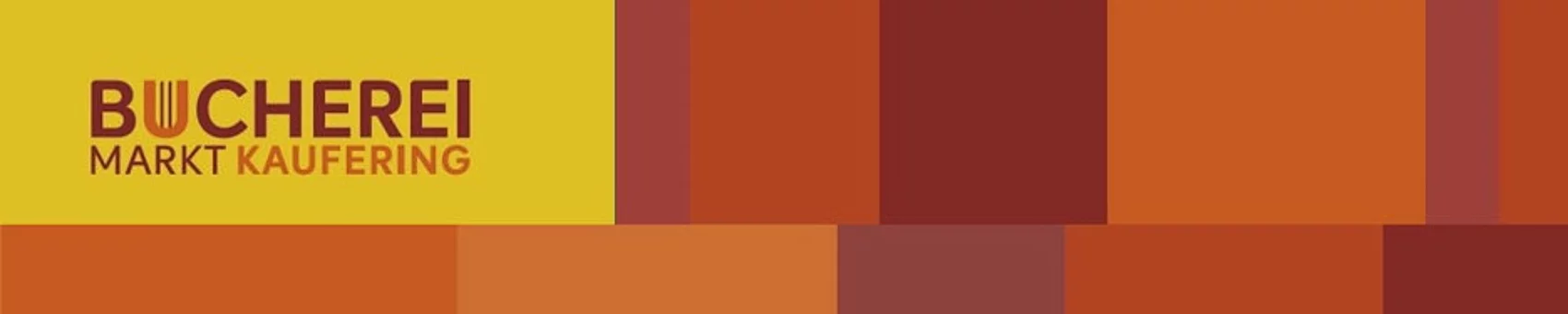 Logo der Bücherei, gelb und orange Farben im Blockmuster