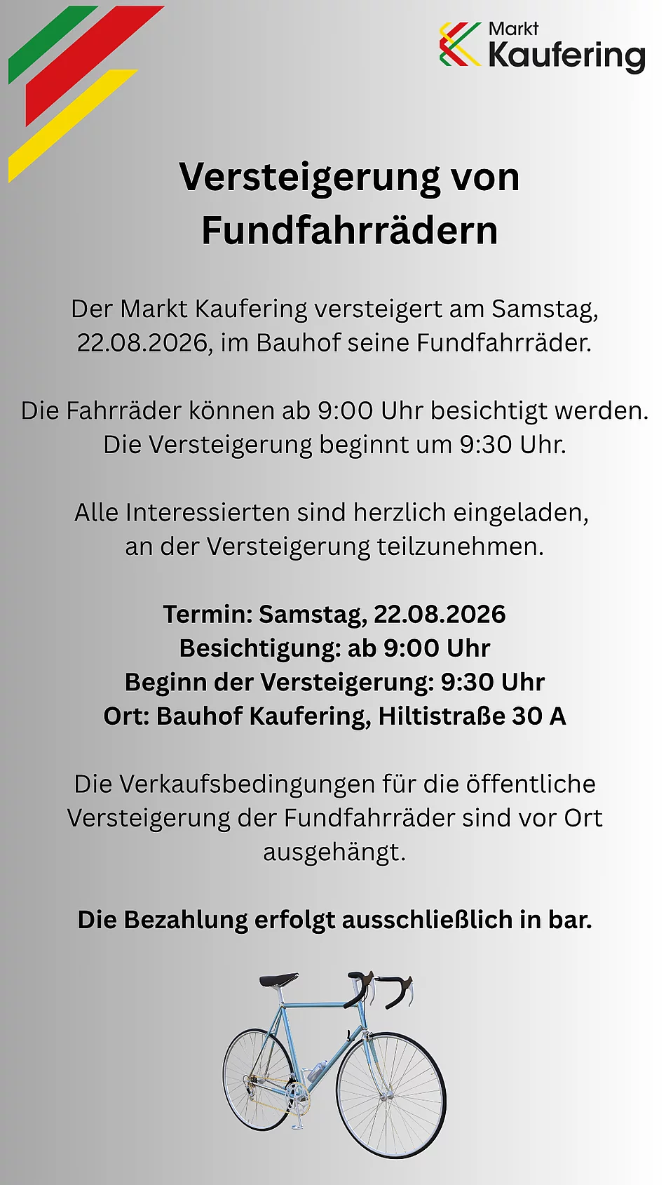 Aushang mit Informationen zur Versteigerung von Fundfahrrädern am 22.08.2026 in Kaufering mit Abbildung eines Rennrads