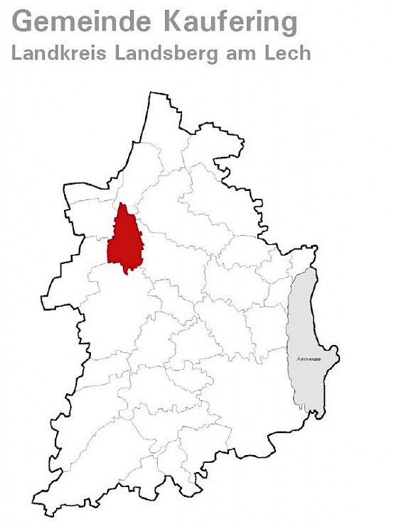 Schriftzug Gemeinde Kaufering im Landkreis Landsberg am Lech mit Landkreis-Kartenumriss