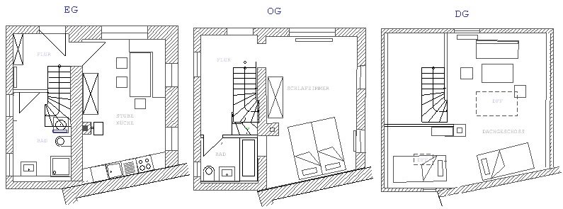 drei Grundrisspläne von dem Ferienhaus am Lech